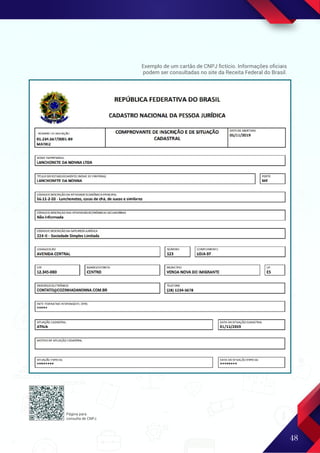 48
CONTATO@COZINHADANONNA.COM.BR
Página para
consulta de CNPJ.
Exemplo de um cartão de CNPJ ﬁctício. Informações oﬁciais
podem ser consultadas no site da Receita Federal do Brasil.
224-0 - Sociedade Simples Limitada
 