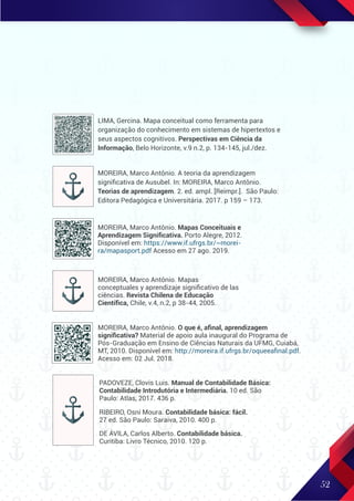 52
LIMA, Gercina. Mapa conceitual como ferramenta para
organização do conhecimento em sistemas de hipertextos e
seus aspectos cognitivos. Perspectivas em Ciência da
Informação, Belo Horizonte, v.9 n.2, p. 134-145, jul./dez.
MOREIRA, Marco Antônio. Mapas Conceituais e
Aprendizagem Signiﬁcativa. Porto Alegre, 2012.
Disponível em: https://www.if.ufrgs.br/~morei-
ra/mapasport.pdf Acesso em 27 ago. 2019.
MOREIRA, Marco Antônio. Mapas
conceptuales y aprendizaje signiﬁcativo de las
ciências. Revista Chilena de Educação
Cientíﬁca, Chile, v.4, n.2, p 38-44, 2005.
MOREIRA, Marco Antônio. O que é, aﬁnal, aprendizagem
signiﬁcativa? Material de apoio aula inaugural do Programa de
Pós-Graduação em Ensino de Ciências Naturais da UFMG, Cuiabá,
MT, 2010. Disponível em: http://moreira.if.ufrgs.br/oqueeaﬁnal.pdf.
Acesso em: 02 Jul. 2018.
PADOVEZE, Clovis Luis. Manual de Contabilidade Básica:
Contabilidade Introdutória e Intermediária. 10 ed. São
Paulo: Atlas, 2017. 436 p.
RIBEIRO, Osni Moura. Contabilidade básica: fácil.
27 ed. São Paulo: Saraiva, 2010. 400 p.
DE ÁVILA, Carlos Alberto. Contabilidade básica.
Curitiba: Livro Técnico, 2010. 120 p.
MOREIRA, Marco Antônio. A teoria da aprendizagem
signiﬁcativa de Ausubel. In: MOREIRA, Marco Antônio.
Teorias de aprendizagem. 2. ed. ampl. [Reimpr.]. São Paulo:
Editora Pedagógica e Universitária. 2017. p 159 – 173.
 