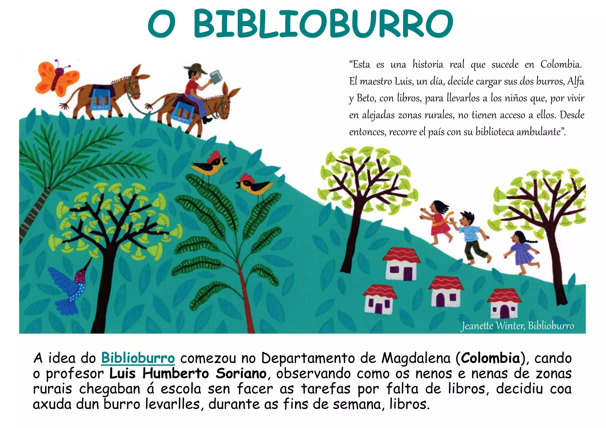 Jeanette Winter, Biblioburro
A idea do Biblioburro comezou no Departamento de Magdalena (Colombia), cando
o profesor Luis Humberto Soriano, observando como os nenos e nenas de zonas
rurais chegaban á escola sen facer as tarefas por falta de libros, decidiu coa
axuda dun burro levarlles, durante as fins de semana, libros.
“Esta es una historia real que sucede en Colombia.
El maestro Luis, un día, decide cargar sus dos burros, Alfa
y Beto, con libros, para llevarlos a los niños que, por vivir
en alejadas zonas rurales, no tienen acceso a ellos. Desde
entonces, recorre el país con su biblioteca ambulante”.
O BIBLIOBURRO
 