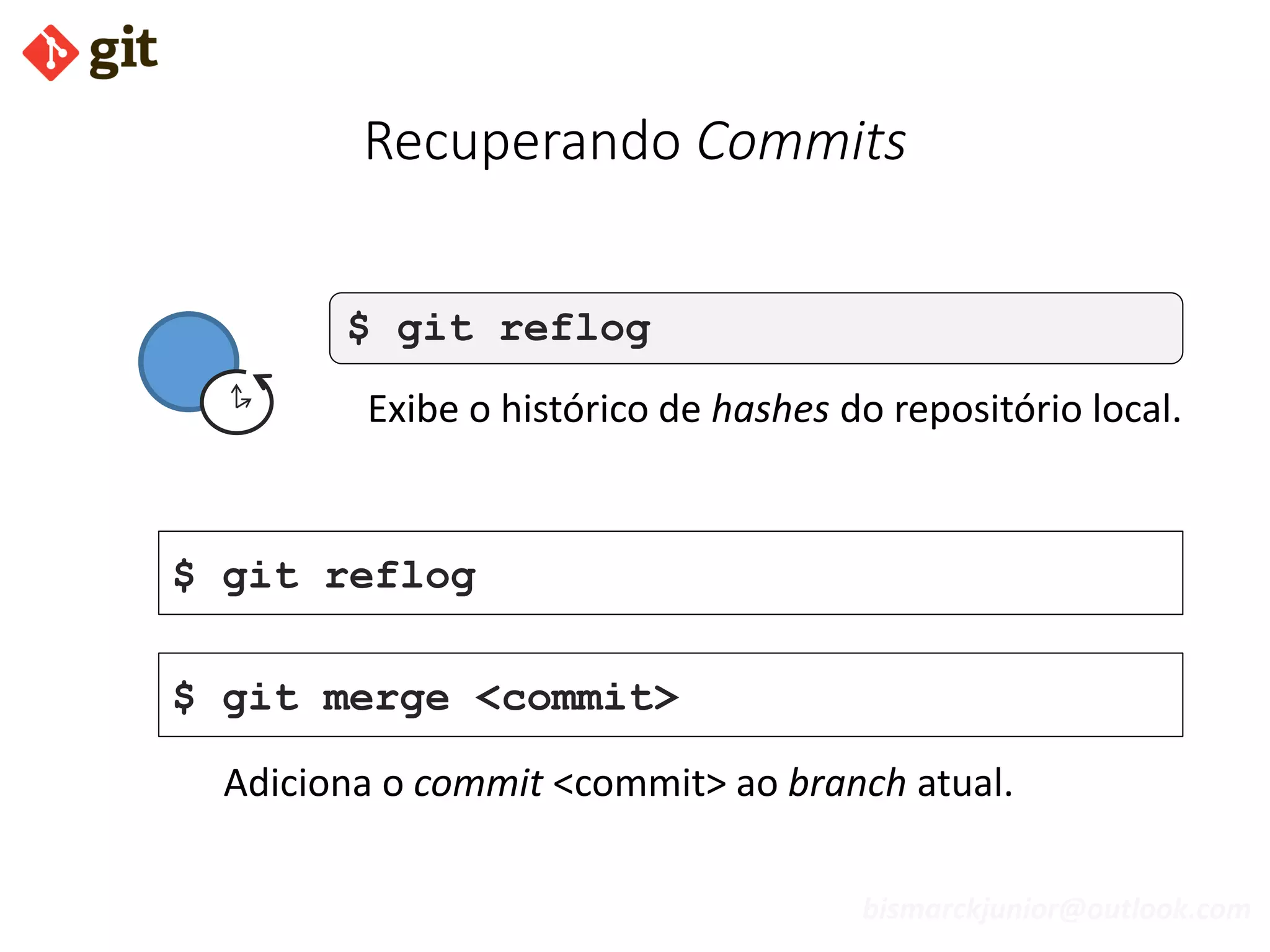bismarckjunior@outlook.com
Recuperando Commits
$ git reflog
Exibe o histórico de hashes do repositório local.
$ git reflog
$ git merge <commit>
Adiciona o commit <commit> ao branch atual.
 