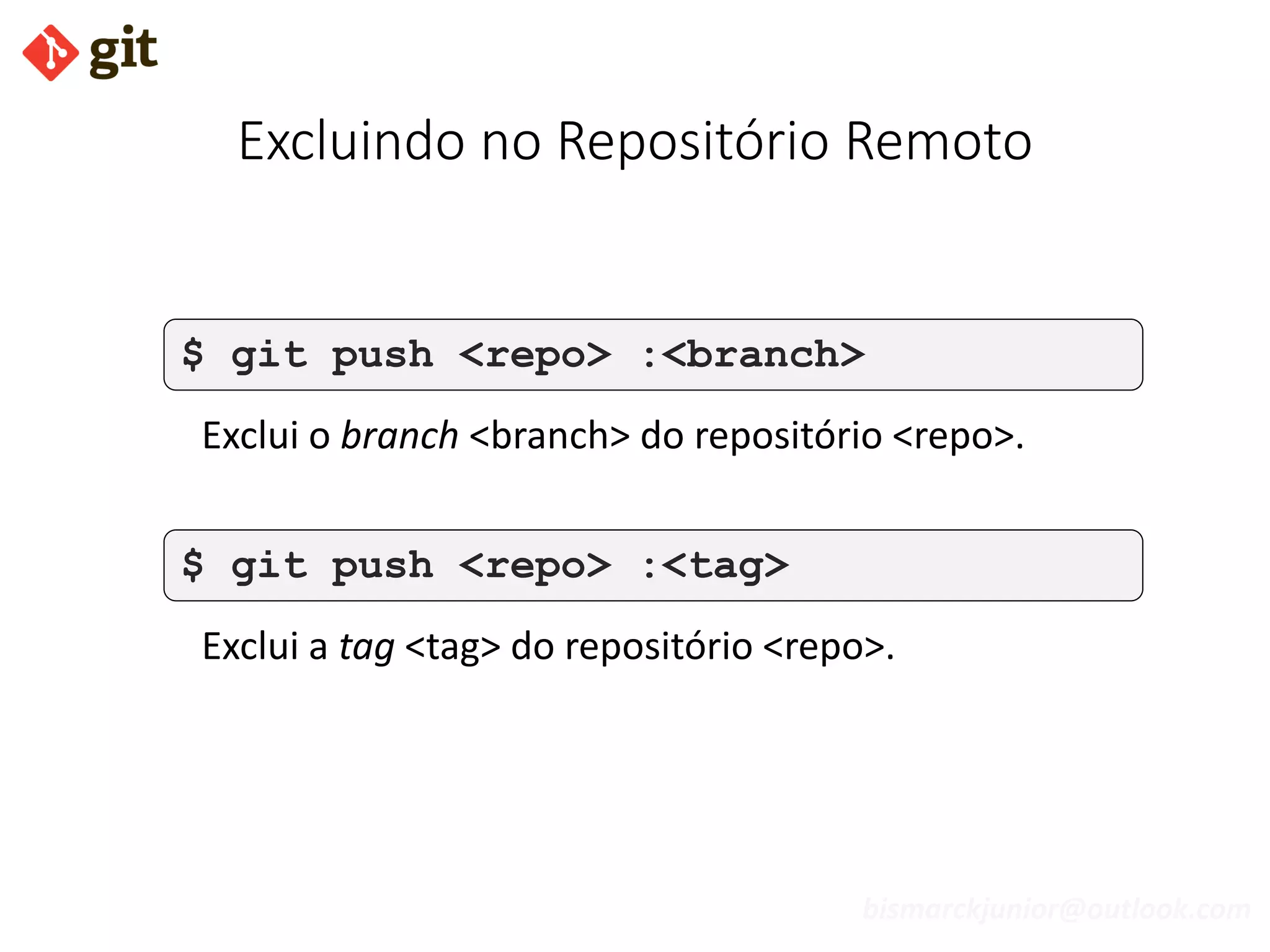 bismarckjunior@outlook.com
Excluindo no Repositório Remoto
$ git push <repo> :<branch>
Exclui o branch <branch> do repositório <repo>.
$ git push <repo> :<tag>
Exclui a tag <tag> do repositório <repo>.
 