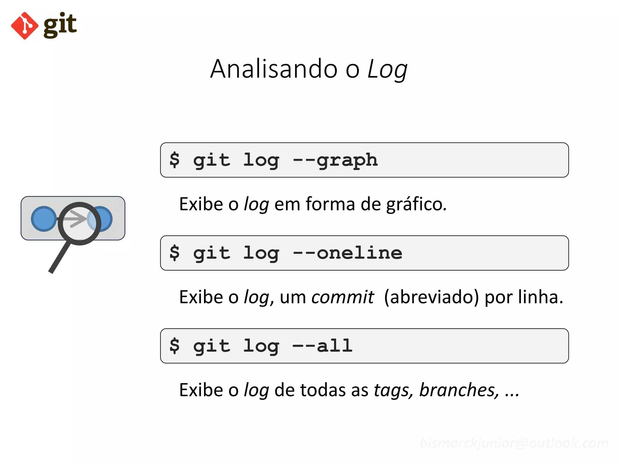 bismarckjunior@outlook.com
Analisando o Log
$ git log --graph
Exibe o log em forma de gráfico.
$ git log --oneline
Exibe o log, um commit (abreviado) por linha.
$ git log –-all
Exibe o log de todas as tags, branches, ...
 