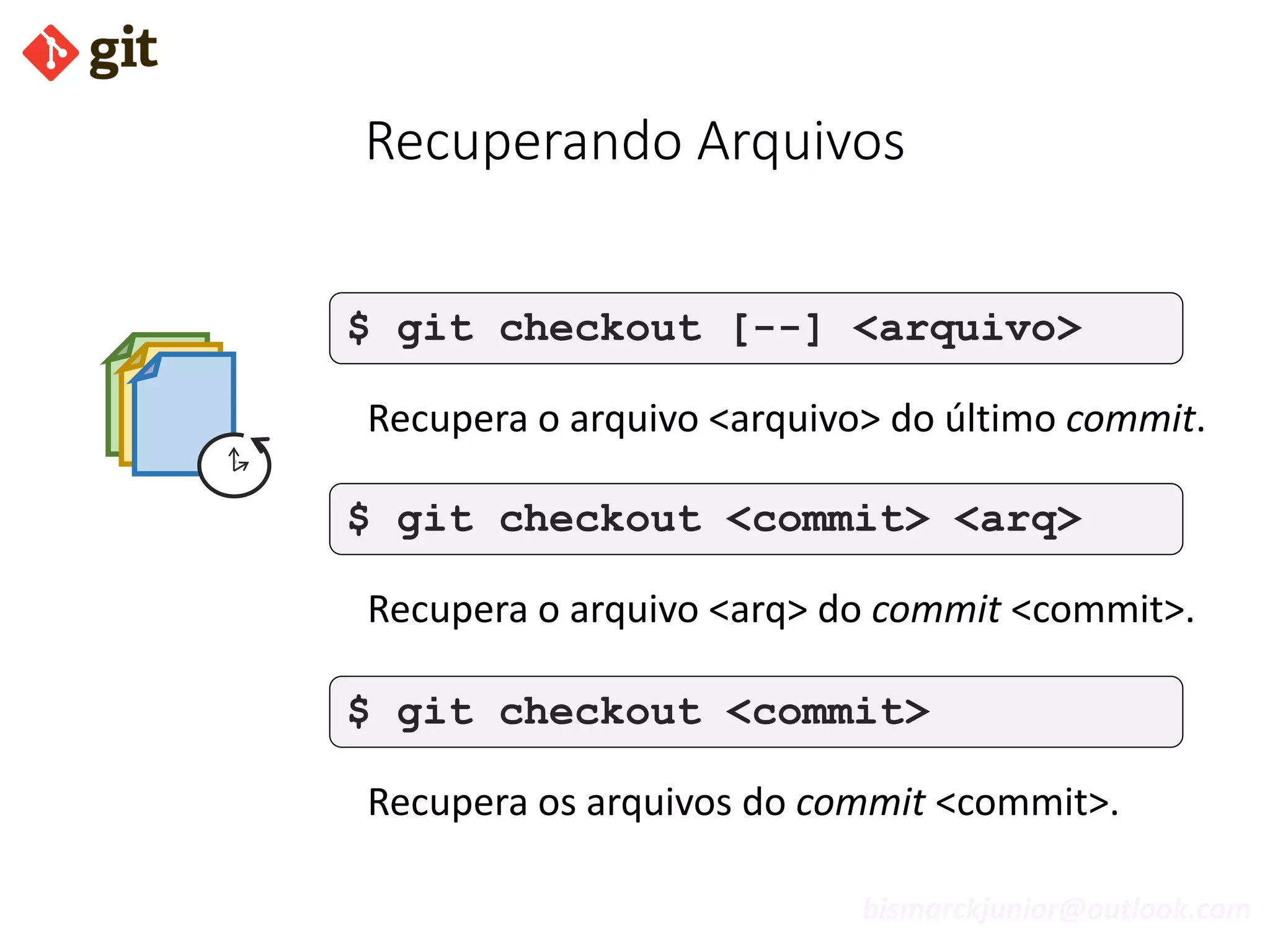 bismarckjunior@outlook.com
Recuperando Arquivos
$ git checkout [--] <arquivo>
Recupera o arquivo <arquivo> do último commit.
$ git checkout <commit> <arq>
Recupera o arquivo <arq> do commit <commit>.
$ git checkout <commit>
Recupera os arquivos do commit <commit>.
 
