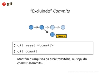 bismarckjunior@outlook.com
“Excluindo” Commits
Mantém os arquivos da área transitória, ou seja, do
commit <commit>.
$ git reset <commit>
$ git commit
branch
 