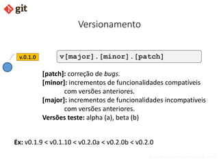 bismarckjunior@outlook.com
Versionamento
v[major].[minor].[patch]
[patch]: correção de bugs.
[minor]: incrementos de funcionalidades compatíveis
com versões anteriores.
[major]: incrementos de funcionalidades incompatíveis
com versões anteriores.
Versões teste: alpha (a), beta (b)
v.0.1.0
Ex: v0.1.9 < v0.1.10 < v0.2.0a < v0.2.0b < v0.2.0
 