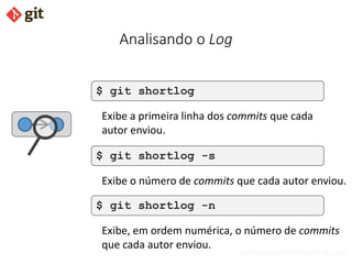 bismarckjunior@outlook.com
Analisando o Log
$ git shortlog
Exibe a primeira linha dos commits que cada
autor enviou.
$ git shortlog -s
Exibe o número de commits que cada autor enviou.
$ git shortlog -n
Exibe, em ordem numérica, o número de commits
que cada autor enviou.
 