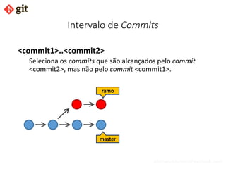 bismarckjunior@outlook.com
Intervalo de Commits
<commit1>..<commit2>
Seleciona os commits que são alcançados pelo commit
<commit2>, mas não pelo commit <commit1>.
master
ramo
 