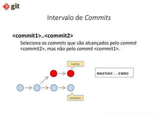 bismarckjunior@outlook.com
Intervalo de Commits
<commit1>..<commit2>
Seleciona os commits que são alcançados pelo commit
<commit2>, mas não pelo commit <commit1>.
master
ramo
master..ramo
 