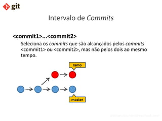 bismarckjunior@outlook.com
Intervalo de Commits
<commit1>...<commit2>
Seleciona os commits que são alcançados pelos commits
<commit1> ou <commit2>, mas não pelos dois ao mesmo
tempo.
master
ramo
 