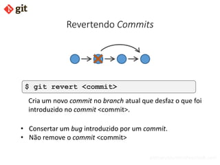 bismarckjunior@outlook.com
Revertendo Commits
$ git revert <commit>
Cria um novo commit no branch atual que desfaz o que foi
introduzido no commit <commit>.
• Consertar um bug introduzido por um commit.
• Não remove o commit <commit>
 