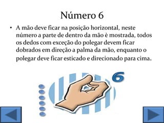 Número 6
• A mão deve ficar na posição horizontal, neste
número a parte de dentro da mão è mostrada, todos
os dedos com exceção do polegar devem ficar
dobrados em direção a palma da mão, enquanto o
polegar deve ficar esticado e direcionado para cima.
 