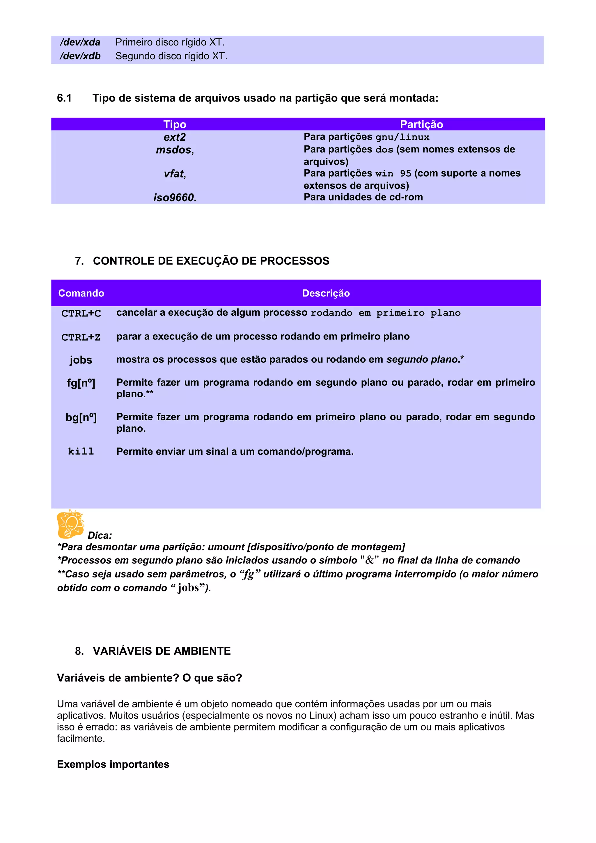 /dev/xda Primeiro disco rígido XT.
/dev/xdb Segundo disco rígido XT.
6.1 Tipo de sistema de arquivos usado na partição que será montada:
Tipo Partição
ext2 Para partições gnu/linux
msdos, Para partições dos (sem nomes extensos de
arquivos)
vfat, Para partições win 95 (com suporte a nomes
extensos de arquivos)
iso9660. Para unidades de cd-rom
7. CONTROLE DE EXECUÇÃO DE PROCESSOS
Comando Descrição
CTRL+C cancelar a execução de algum processo rodando em primeiro plano
CTRL+Z parar a execução de um processo rodando em primeiro plano
jobs mostra os processos que estão parados ou rodando em segundo plano.*
fg[nº] Permite fazer um programa rodando em segundo plano ou parado, rodar em primeiro
plano.**
bg[nº] Permite fazer um programa rodando em primeiro plano ou parado, rodar em segundo
plano.
kill Permite enviar um sinal a um comando/programa.
Dica:
*Para desmontar uma partição: umount [dispositivo/ponto de montagem]
*Processos em segundo plano são iniciados usando o símbolo "&" no final da linha de comando
**Caso seja usado sem parâmetros, o “fg” utilizará o último programa interrompido (o maior número
obtido com o comando “ jobs”).
8. VARIÁVEIS DE AMBIENTE
Variáveis de ambiente? O que são?
Uma variável de ambiente é um objeto nomeado que contém informações usadas por um ou mais
aplicativos. Muitos usuários (especialmente os novos no Linux) acham isso um pouco estranho e inútil. Mas
isso é errado: as variáveis de ambiente permitem modificar a configuração de um ou mais aplicativos
facilmente.
Exemplos importantes
 