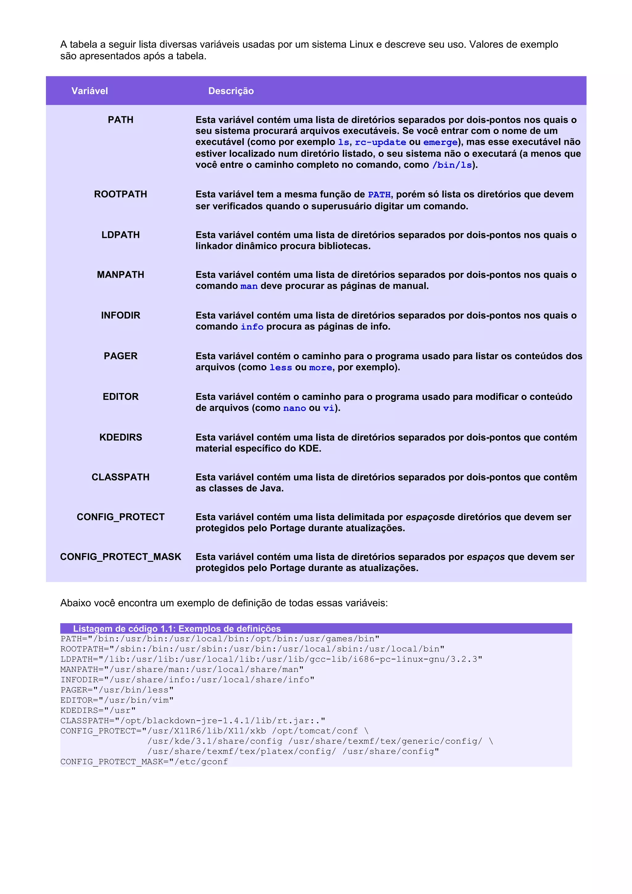 A tabela a seguir lista diversas variáveis usadas por um sistema Linux e descreve seu uso. Valores de exemplo
são apresentados após a tabela.
Variável Descrição
PATH Esta variável contém uma lista de diretórios separados por dois-pontos nos quais o
seu sistema procurará arquivos executáveis. Se você entrar com o nome de um
executável (como por exemplo ls, rc-update ou emerge), mas esse executável não
estiver localizado num diretório listado, o seu sistema não o executará (a menos que
você entre o caminho completo no comando, como /bin/ls).
ROOTPATH Esta variável tem a mesma função de PATH, porém só lista os diretórios que devem
ser verificados quando o superusuário digitar um comando.
LDPATH Esta variável contém uma lista de diretórios separados por dois-pontos nos quais o
linkador dinâmico procura bibliotecas.
MANPATH Esta variável contém uma lista de diretórios separados por dois-pontos nos quais o
comando man deve procurar as páginas de manual.
INFODIR Esta variável contém uma lista de diretórios separados por dois-pontos nos quais o
comando info procura as páginas de info.
PAGER Esta variável contém o caminho para o programa usado para listar os conteúdos dos
arquivos (como less ou more, por exemplo).
EDITOR Esta variável contém o caminho para o programa usado para modificar o conteúdo
de arquivos (como nano ou vi).
KDEDIRS Esta variável contém uma lista de diretórios separados por dois-pontos que contém
material específico do KDE.
CLASSPATH Esta variável contém uma lista de diretórios separados por dois-pontos que contêm
as classes de Java.
CONFIG_PROTECT Esta variável contém uma lista delimitada por espaçosde diretórios que devem ser
protegidos pelo Portage durante atualizações.
CONFIG_PROTECT_MASK Esta variável contém uma lista de diretórios separados por espaços que devem ser
protegidos pelo Portage durante as atualizações.
Abaixo você encontra um exemplo de definição de todas essas variáveis:
Listagem de código 1.1: Exemplos de definições
PATH="/bin:/usr/bin:/usr/local/bin:/opt/bin:/usr/games/bin"
ROOTPATH="/sbin:/bin:/usr/sbin:/usr/bin:/usr/local/sbin:/usr/local/bin"
LDPATH="/lib:/usr/lib:/usr/local/lib:/usr/lib/gcc-lib/i686-pc-linux-gnu/3.2.3"
MANPATH="/usr/share/man:/usr/local/share/man"
INFODIR="/usr/share/info:/usr/local/share/info"
PAGER="/usr/bin/less"
EDITOR="/usr/bin/vim"
KDEDIRS="/usr"
CLASSPATH="/opt/blackdown-jre-1.4.1/lib/rt.jar:."
CONFIG_PROTECT="/usr/X11R6/lib/X11/xkb /opt/tomcat/conf 
/usr/kde/3.1/share/config /usr/share/texmf/tex/generic/config/ 
/usr/share/texmf/tex/platex/config/ /usr/share/config"
CONFIG_PROTECT_MASK="/etc/gconf
 