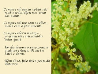 Compreendi que as coisas são reais e todas diferentes umas das outras;   Compreendi isto com os olhos, nunca com o pensamento.   Compreender isto corri o pensamento seria achá-las todas iguais.  Um dia deu-me o sono como a qualquer criança.  Fechei os olhos e dormi.   Além disso, fui o único poeta da Natureza .   