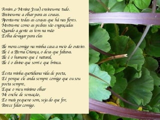 A mim ,o Menino Jesus) ensinou-me tudo. Ensinou-me a olhar para as cousas. Aponta-me todas as cousas que há nas flores. Mostra-me como as pedras são engraçadas Quando a gente as tem na mão E olha devagar para elas   Ele mora comigo na minha casa a meio do outeiro. Ele é a Eterna Criança, o deus que faltava. Ele é o humano que é natural, Ele é o divino que sorri e que brinca. É esta minha quotidiana vida de poeta, E é porque ele anda sempre comigo que eu sou poeta sempre, E que o meu mínimo olhar Me enche de sensação, E o mais pequeno som, seja do que for, Parece falar comigo. 