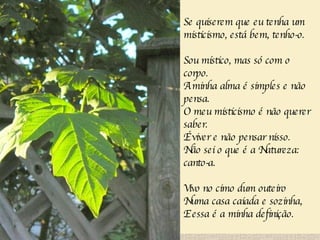 Se quiserem que eu tenha um misticismo, está bem, tenho-o. Sou místico, mas só com o corpo. A minha alma é simples e não pensa. O meu misticismo é não querer saber. É viver e não pensar nisso. Não sei o que é a Natureza: canto-a. Vivo no cimo dum outeiro Numa casa caiada e sozinha, E essa é a minha definição.   