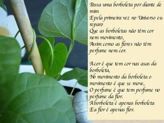 Passa uma borboleta por diante de mim E pela primeira vez no Universo eu reparo Que as borboletas não têm cor nem movimento, Assim como as flores não têm perfume nem cor. A cor é que tem cor nas asas da borboleta, No movimento da borboleta o movimento é que se move, O perfume é que tem perfume no perfume da flor. A borboleta é apenas borboleta E a flor é apenas flor. 