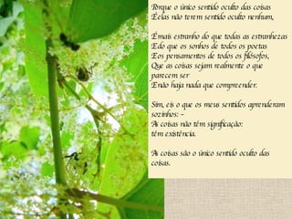 Porque o único sentido oculto das coisas É elas não terem sentido oculto nenhum, É mais estranho do que todas as estranhezas E do que os sonhos de todos os poetas E os pensamentos de todos os filósofos, Que as coisas sejam realmente o que parecem ser E não haja nada que compreender. Sim, eis o que os meus sentidos aprenderam sozinhos: – As coisas não têm significação:  têm existência. As coisas são o único sentido oculto das coisas. 
