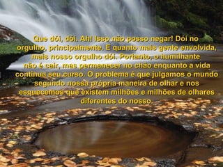 Que dói, dói. Ah! Isso não posso negar! Dói noQue dói, dói. Ah! Isso não posso negar! Dói no
orgulho, principalmente. E quanto mais gente envolvida,orgulho, principalmente. E quanto mais gente envolvida,
mais nosso orgulho dói. Portanto, o humilhantemais nosso orgulho dói. Portanto, o humilhante
não é cair, mas permanecer no chão enquanto a vidanão é cair, mas permanecer no chão enquanto a vida
continua seu curso. O problema é que julgamos o mundocontinua seu curso. O problema é que julgamos o mundo
segundo nossa própria maneira de olhar e nossegundo nossa própria maneira de olhar e nos
esquecemos que existem milhões e milhões de olharesesquecemos que existem milhões e milhões de olhares
diferentes do nosso.diferentes do nosso.
 