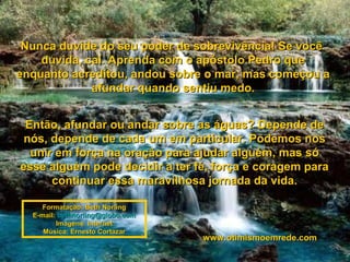 Nunca duvide do seu poder de sobrevivência! Se vocêNunca duvide do seu poder de sobrevivência! Se você
duvida, cai. Aprenda com o apóstolo Pedro queduvida, cai. Aprenda com o apóstolo Pedro que
enquanto acreditou, andou sobre o mar, mas começou aenquanto acreditou, andou sobre o mar, mas começou a
afundar quando sentiu medo.afundar quando sentiu medo.
Então, afundar ou andar sobre as águas? Depende deEntão, afundar ou andar sobre as águas? Depende de
nós, depende de cada um em particular. Podemos nosnós, depende de cada um em particular. Podemos nos
unir em força na oração para ajudar alguém, mas sóunir em força na oração para ajudar alguém, mas só
esse alguém pode decidir a ter fé, força e coragem paraesse alguém pode decidir a ter fé, força e coragem para
continuar essa maravilhosa jornada da vida.continuar essa maravilhosa jornada da vida.
Formatação: Beth NorlingFormatação: Beth Norling
E-mail:E-mail: bethnorling@globo.combethnorling@globo.com
Imagens: InternetImagens: Internet
Música: Ernesto CortazarMúsica: Ernesto Cortazar
www.otimismoemrede.comwww.otimismoemrede.com
 