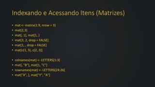 Indexando e Acessando Itens (Matrizes)
• mat <- matrix(1:9, nrow = 3)
• mat[2,3]
• mat[, 1], mat[1, ]
• mat[3, 2, drop = FALSE]
• mat[1, , drop = FALSE]
• mat[c(1, 3), c(2, 3)]
• colnames(mat) <- LETTERS[1:3]
• mat[, "B"], mat[1, "C"]
• rownames(mat) <- LETTERS[24:26]
• mat["X", ], mat["Y", "A"]
 