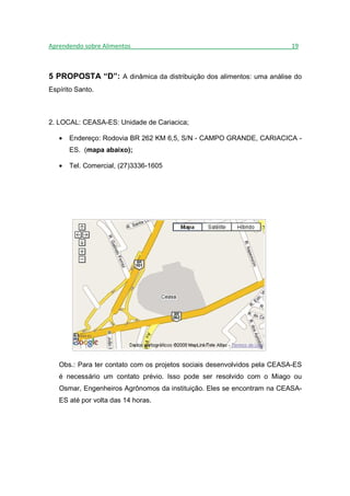 Aprendendo sobre Alimentos_______________________________________________19



5 PROPOSTA “D”: A dinâmica da distribuição dos alimentos: uma análise do
Espírito Santo.



2. LOCAL: CEASA-ES: Unidade de Cariacica;

   •   Endereço: Rodovia BR 262 KM 6,5, S/N - CAMPO GRANDE, CARIACICA -
       ES. (mapa abaixo);

   •   Tel. Comercial, (27)3336-1605




   Obs.: Para ter contato com os projetos sociais desenvolvidos pela CEASA-ES
   é necessário um contato prévio. Isso pode ser resolvido com o Miago ou
   Osmar, Engenheiros Agrônomos da instituição. Eles se encontram na CEASA-
   ES até por volta das 14 horas.
 