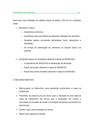 Aprendendo sobre Alimentos_______________________________________________21



teoria terá mais facilidade de validá-la diante da prática. Para tal, os conteúdos
serão:

   •     Alimentos in natura:

            o Importância nutricional;

            o Importância sócio-econômica da adequada utilização dos alimentos:

            o Questões globais envolvendo alimentação: fome, desperdício e
               obesidade;

            o As formas de distribuição de alimentos no Espírito Santo (na
               cartilha);



   •     Cartografia (estudo da cartografia utilizando a planta da CEASA-ES):

            o A importância da CEASA-ES na distribuição de alimentos;

            o Estudo da escala, utilizando o mapa da CEASA-ES;

            o Estudo dos pontos Cardeais utilizando o mapa da CEASA-ES;



6. RECURSO DIDÁTICO



   •     Retro-projetor ou Data-show: para apresentar previamente o mapa da
         CEASA-ES;

   •     Prancheta: se possível uma por aluno, para a utilização de uma cópia do
         mapa da CEASA-ES. Ela servirá para a localização em campo, e
         exercitarão os conceitos de escala e orientação estudados previamente em
         sala de aula;

   •     Caneta / lápis: para anotações de campo;

   •     Régua: para cálculos de escala;
 