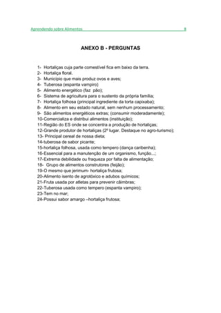 Aprendendo sobre Alimentos_______________________________________________8



                         ANEXO B - PERGUNTAS


   1- Hortaliças cuja parte comestível fica em baixo da terra.
   2- Hortaliça floral.
   3- Município que mais produz ovos e aves;
   4- Tuberosa (espanta vampiro)
   5- Alimento energético (faz pão);
   6- Sistema de agricultura para o sustento da própria família;
   7- Hortaliça folhosa (principal ingrediente da torta capixaba);
   8- Alimento em seu estado natural, sem nenhum processamento;
   9- São alimentos energéticos extras; (consumir moderadamente);
   10- Comercializa e distribui alimentos (instituição);
   11- Região do ES onde se concentra a produção de hortaliças;
   12- Grande produtor de hortaliças (2º lugar. Destaque no agro-turismo);
   13- Principal cereal de nossa dieta;
   14- tuberosa de sabor picante;
   15- hortaliça folhosa, usada como tempero (dança caribenha);
   16- Essencial para a manutenção de um organismo, função...;
   17- Extrema debilidade ou fraqueza por falta de alimentação;
   18- Grupo de alimentos construtores (feijão);
   19- O mesmo que jerimum- hortaliça frutosa;
   20- Alimento isento de agrotóxico e adubos químicos;
   21- Fruta usada por atletas para prevenir câimbras;
   22- Tuberosa usada como tempero (espanta vampiro);
   23- Tem no mar;
   24- Possui sabor amargo –hortaliça frutosa;
 