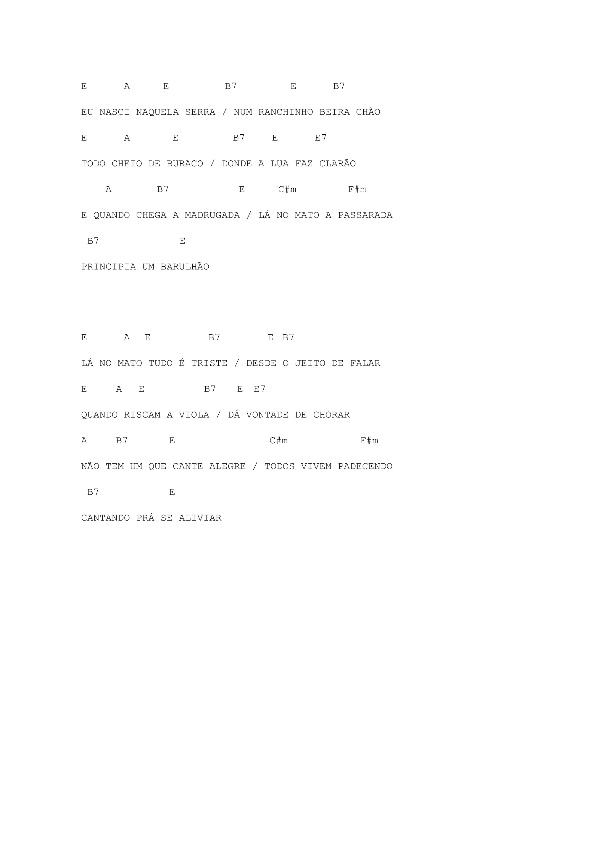 E A E B7 E B7
EU NASCI NAQUELA SERRA / NUM RANCHINHO BEIRA CHÃO
E A E B7 E E7
TODO CHEIO DE BURACO / DONDE A LUA FAZ CLARÃO
A B7 E C#m F#m
E QUANDO CHEGA A MADRUGADA / LÁ NO MATO A PASSARADA
B7 E
PRINCIPIA UM BARULHÃO
E A E B7 E B7
LÁ NO MATO TUDO É TRISTE / DESDE O JEITO DE FALAR
E A E B7 E E7
QUANDO RISCAM A VIOLA / DÁ VONTADE DE CHORAR
A B7 E C#m F#m
NÃO TEM UM QUE CANTE ALEGRE / TODOS VIVEM PADECENDO
B7 E
CANTANDO PRÁ SE ALIVIAR
 