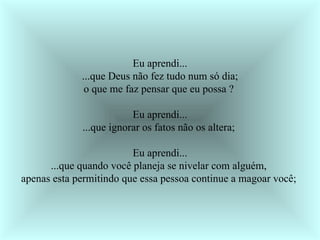 Eu aprendi... ...que Deus não fez tudo num só dia; o que me faz pensar que eu possa ?  Eu aprendi... ...que ignorar os fatos não os altera;  Eu aprendi... ...que quando você planeja se nivelar com alguém,  apenas esta permitindo que essa pessoa continue a magoar você;  