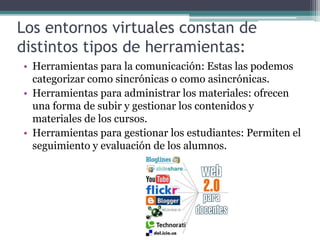 Los entornos virtuales constan de
distintos tipos de herramientas:
• Herramientas para la comunicación: Estas las podemos
categorizar como sincrónicas o como asincrónicas.
• Herramientas para administrar los materiales: ofrecen
una forma de subir y gestionar los contenidos y
materiales de los cursos.
• Herramientas para gestionar los estudiantes: Permiten el
seguimiento y evaluación de los alumnos.
 