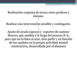 Realización conjunta de tareas entre profesor y
alumno.
Realizar una intervención sensible y contingente.
Ajuste de ayuda (apoyos y soportes de carácter
diverso, que cambia a lo largo del proceso E-A,
pero que no lo hace al azar, sino partir y en función
de los cambios en la propia actividad mental
constructiva, desarrollada por el alumno)
 