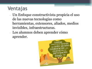 Ventajas
 Un Enfoque constructivista propicia el uso
de las nuevas tecnologías como
herramientas, extensores, aliados, medios
invisibles, infraestructuras.
 Los alumnos deben aprender cómo
aprender.
 