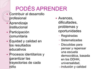 PODÉS APRENDER
   Contribuir al desarrollo
    profesional                   Avances,
   Aprendizaje                    dificultades,
    institucional                  problemas y
   Participación                  oportunidades
    comunitaria                    ◦ Registradas
   Equidad y calidad en           ◦ Sistematizadas
    los resultados                 ◦ Discutidas para
    educativos                       pensar y repensar
                                     una escuela
   Procesos identitarios y          democrática, basada
    garantizar las                   en los DDHH,
    trayectorias de cada             universalidad,
    niño                             inclusión y calidad
                                   documento 2 y 3
 