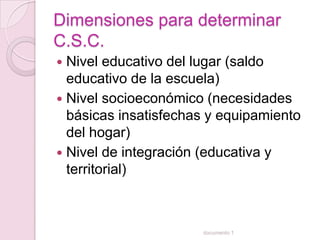 Dimensiones para determinar
C.S.C.
 Nivel educativo del lugar (saldo
  educativo de la escuela)
 Nivel socioeconómico (necesidades
  básicas insatisfechas y equipamiento
  del hogar)
 Nivel de integración (educativa y
  territorial)



                      documento 1
 