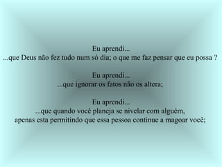 Eu aprendi... ...que Deus não fez tudo num só dia; o que me faz pensar que eu possa ?  Eu aprendi... ...que ignorar os fatos não os altera;  Eu aprendi... ...que quando você planeja se nivelar com alguém,  apenas esta permitindo que essa pessoa continue a magoar você;  