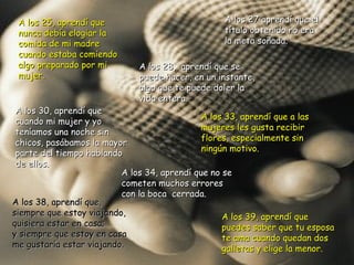 A los 39, aprendí que puedes saber que tu esposa  te ama cuando quedan dos galletas y elige la menor. A los 25, aprendí que nunca debía elogiar la comida de mi madre  cuando estaba comiendo algo preparado por mi mujer. A los 27 aprendí que el título obtenido no era  la meta soñada. A los 28,  aprendí que se puede hacer, en un instante, algo que te puede doler la vida entera. A los 30, aprendí que cuando mi mujer y yo teníamos una noche sin chicos, pasábamos la mayor parte del tiempo hablando de ellos. A los 33, aprendí que a las mujeres les gusta recibir flores, especialmente sin ningún motivo. A los 34, aprendí que no se cometen muchos errores con la boca  cerrada. A los 38, aprendí que, siempre que estoy viajando, quisiera estar en casa;  y siempre que estoy en casa me gustaría estar viajando. 