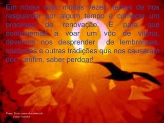 Em nossa vida, muitas vezes, temos de nos resguardar por algum tempo e começar um processo de renovação. E para que continuemos a voar um vôo de vitória, devemos nos desprender  de lembranças, costumes e outras tradições que nos causaram dor... enfim, saber perdoar! Fonte: Texto: autor desconhecido Fotos: webshot 