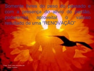 Somente livres do peso do passado e com a presença do alívio do perdão, poderemos aproveitar o valioso resultado de uma “RENOVAÇÃO”  Fonte: Texto: autor desconhecido Fotos: webshot 