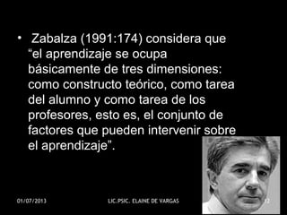 • Zabalza (1991:174) considera que
“el aprendizaje se ocupa
básicamente de tres dimensiones:
como constructo teórico, como...