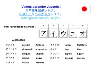 Vamos aprender Japonês! 日本語を勉強しよう。 にほんご を べんきょう しよう。 Nihongo wo benkyou shiyou. #01: Aprendendo katakana I Vocabulário O E U I A Holanda oranda オランダ energia enerugii エネルギー uísque uisukii ウイスキー Egipto ejiputo エジプト Uruguai uruguai ウルグアイ tinta inku インク accessório akusesarii アクセサリー Inglaterra igirisu イギリス América amerika アメリカ 