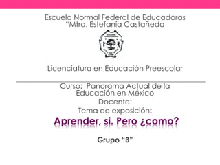 Escuela Normal Federal de Educadoras
“Mtra. Estefanía Castañeda
Licenciatura en Educación Preescolar
Curso: Panorama Actual de la
Educación en México
Docente:
Tema de exposición:
Aprender, si. Pero ¿como?
Grupo “B”
 