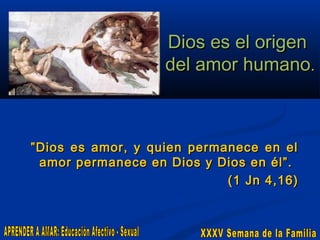 Dios es el origen
del amor humano.

” Dios es amor, y quien permanece en el
amor permanece en Dios y Dios en él”.
(1 Jn 4,16)

 