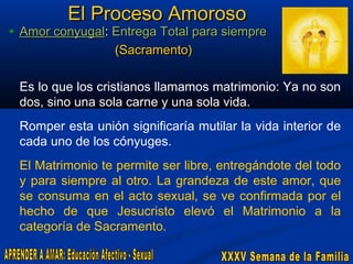 El Proceso Amoroso

• Amor conyugal: Entrega Total para siempre
(Sacramento)

Es lo que los cristianos llamamos matrimonio: Ya no son
dos, sino una sola carne y una sola vida.
Romper esta unión significaría mutilar la vida interior de
cada uno de los cónyuges.
El Matrimonio te permite ser libre, entregándote del todo
y para siempre al otro. La grandeza de este amor, que
se consuma en el acto sexual, se ve confirmada por el
hecho de que Jesucristo elevó el Matrimonio a la
categoría de Sacramento.

 