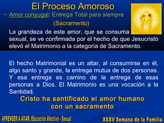 El Proceso Amoroso

• Amor conyugal: Entrega Total para siempre

(Sacramento)
La grandeza de este amor, que se consuma en el acto
sexual, se ve confirmada por el hecho de que Jesucristo
elevó el Matrimonio a la categoría de Sacramento.
El hecho Matrimonial es un altar, al consumirse en él,
algo santo y grande, la entrega mutua de dos personas.
Y esa entrega es camino de la entrega de esas
personas a Dios. El Matrimonio es una vocación a la
Santidad.

Cristo ha santificado el amor humano
con un sacramento

 