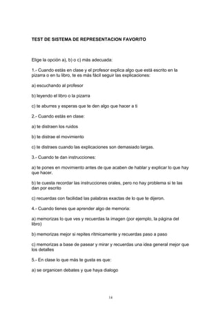 TEST DE SISTEMA DE REPRESENTACION FAVORITO



Elige la opción a), b) o c) más adecuada:

1.- Cuando estás en clase y el profesor explica algo que está escrito en la
pizarra o en tu libro, te es más fácil seguir las explicaciones:

a) escuchando al profesor

b) leyendo el libro o la pizarra

c) te aburres y esperas que te den algo que hacer a ti

2.- Cuando estás en clase:

a) te distraen los ruidos

b) te distrae el movimiento

c) te distraes cuando las explicaciones son demasiado largas.

3.- Cuando te dan instrucciones:

a) te pones en movimiento antes de que acaben de hablar y explicar lo que hay
que hacer.

b) te cuesta recordar las instrucciones orales, pero no hay problema si te las
dan por escrito

c) recuerdas con facilidad las palabras exactas de lo que te dijeron.

4.- Cuando tienes que aprender algo de memoria:

a) memorizas lo que ves y recuerdas la imagen (por ejemplo, la página del
libro)

b) memorizas mejor si repites rítmicamente y recuerdas paso a paso

c) memorizas a base de pasear y mirar y recuerdas una idea general mejor que
los detalles

5.- En clase lo que más te gusta es que:

a) se organicen debates y que haya dialogo




                                       14
 