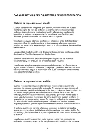 CARACTERISTICAS DE LOS SISTEMAS DE REPRESENTACION


Sistema de representación visual:

Cuando pensamos en imágenes (por ejemplo, cuando 'vemos' en nuestra
mente la página del libro de texto con la información que necesitamos)
podemos traer a la mente mucha información a la vez, por eso la gente
que utiliza el sistema de representación visual tiene más facilidad para
absorber grandes cantidades de información con rapidez.

Visualizar nos ayuda además, a establecer relaciones entre distintas ideas y
conceptos. Cuando un alumno tiene problemas para relacionar conceptos
muchas veces se debe a que está procesando la información de forma auditiva
o kinestésica.

La capacidad de abstracción está directamente relacionada con la capacidad
de visualizar. Tambíen la capacidad de planificar.

Esas dos características explican que la gran mayoría de los alumnos
universitarios (y por ende, de los profesores) sean visuales.

Los alumnos visuales aprenden mejor cuando leen o ven la información de
alguna manera. En una conferencia, por ejemplo, preferirán leer las fotocopias
o transparencias a seguir la explicación oral, o, en su defecto, tomarán notas
para poder tener algo que leer.



Sistema de representación auditivo
Cuando recordamos utilizando el sistema de representación auditivo lo
hacemos de manera secuencial y ordenada. En un examen, por ejemplo, el
alumno que vea mentalmente la página del libro podrá pasar de un punto a otro
sin perder tiempo, porqué está viendo toda la información a la vez. Sin
embargo, el alumno auditivo necesita escuchar su grabación mental paso a
paso. Los alumnos que memorizan de forma auditiva no pueden olvidarse ni
una palabra, porque no saben seguir. Es como cortar la cinta de una cassette.
Por el contrario, un alumno visual que se olvida de una palabra no tiene
mayores problemas, porqué sigue viendo el resto del texto o de la información.

El sistema auditivo no permite relacionar conceptos o elaborar conceptos
abstractos con la misma facilidad que el sistema visual y no es tan rápido. Es,
sin embargo, fundamental en el aprendizaje de los idiomas, y naturalmente, de
la música.

Los alumnos auditivos aprenden mejor cuando reciben las explicaciones
oralmente y cuando pueden hablar y explicar esa información a otra persona.


                                       8
 