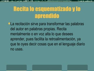 Recita lo esquematizado y lo aprendido La recitación sirve para transformar las palabras del autor en palabras propias. Recita mentalmente o en voz alta lo que desees aprender, pues facilita la retroalimentación, ya que te oyes decir cosas que en el lenguaje diario no usas. 