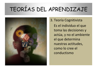 TEORÍAS DEL APRENDIZAJE
            3. Teoría Cognitivista
               Es el individuo el que
               toma las decisiones y
               actúa, y no el ambiente
               el que determina
               nuestras actitudes,
               como lo cree el
               conductismo
 