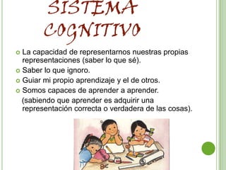 SISTEMA
        COGNITIVO
 La capacidad de representarnos nuestras propias
  representaciones (saber lo que sé).
 Saber lo que ignoro.
 Guiar mi propio aprendizaje y el de otros.
 Somos capaces de aprender a aprender.
  (sabiendo que aprender es adquirir una
  representación correcta o verdadera de las cosas).
 